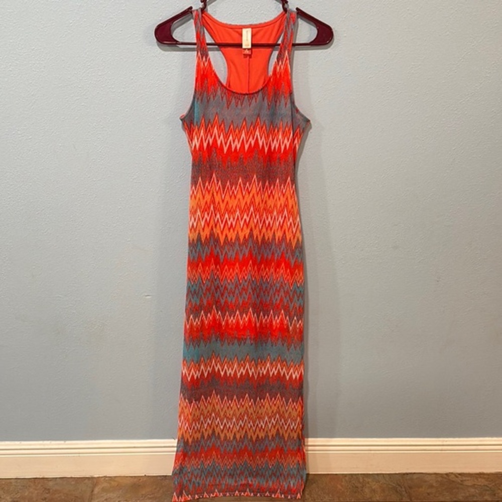 Colorful Zigzag lace Maxi Dress boho beachy comfortable slit racer back size M